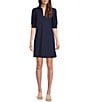 Color:Navy - Image 1 - Emerson Jude Cloth Knit Point Collar Puffed Sleeve Shift Dress