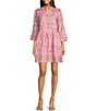 Color:Bamboo Lattice Flamingo Pink - Image 1 - Faith Bamboo Lattice Print Cotton Voile Banded Collar 3/4 Bell Sleeve A-Line Dress