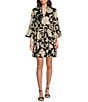 Color:Grand Floral Black/Gold - Image 1 - Faith Grand Floral Print Cotton Voile Banded Collar 3/4 Bell Sleeve A-Line Dress