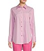 Color:Cotton Stripe Peony - Image 1 - Kimber Cotton Stripe Point Collar Curved High-Low Long Sleeve Button-Front Shirt