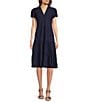 Color:Navy - Image 1 - Libby Solid Jude Cloth Knit V-Neck Short Puffed Sleeve A-Line Tiered Midi Dress