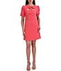 Color:Coral - Image 1 - Stretch Bow Tie A-Line Short Puff Sleeve Dress