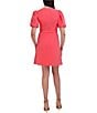 Color:Coral - Image 2 - Stretch Bow Tie A-Line Short Puff Sleeve Dress