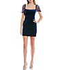 Color:Navy - Image 1 - Organza Puff Sleeves Square Neck Stretch Velvet Mini Dress