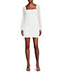 Color:White - Image 1 - Glitter Square Neck Ruched Long Sleeves with Ties at Hemline Dress