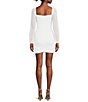 Color:White - Image 2 - Glitter Square Neck Ruched Long Sleeves with Ties at Hemline Dress