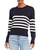 Color:Navy Off White - Image 1 - Crew Neck Long Sleeve Stripe Knit Sweater