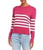 Color:Pink Off White - Image 1 - Crew Neck Long Sleeve Stripe Knit Sweater