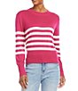 Color:Pink Off White - Image 3 - Crew Neck Long Sleeve Stripe Knit Sweater