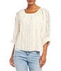 Color:Cream - Image 1 - Embroidered Lace Inset Cotton Scoop Neck Blouson Sleeve Top