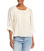 Color:Cream - Image 3 - Embroidered Lace Inset Cotton Scoop Neck Blouson Sleeve Top