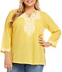 Color:Yellow - Image 1 - Plus Size Embroidered Notch Neck 3/4 Sleeve Tunic