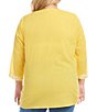 Color:Yellow - Image 2 - Plus Size Embroidered Notch Neck 3/4 Sleeve Tunic