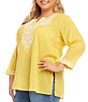 Color:Yellow - Image 3 - Plus Size Embroidered Notch Neck 3/4 Sleeve Tunic