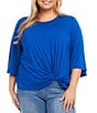 Color:Blue - Image 1 - Plus Size Knit Flare Sleeve Crew Neck Top