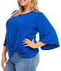 Color:Blue - Image 3 - Plus Size Knit Flare Sleeve Crew Neck Top