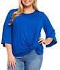 Color:Blue - Image 4 - Plus Size Knit Flare Sleeve Crew Neck Top