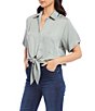 Color:Sage - Image 3 - Soft Satin Point Collar Short Sleeve Tie Front Top