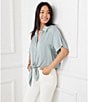 Color:Sage - Image 4 - Soft Satin Point Collar Short Sleeve Tie Front Top