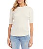 Color:Cream - Image 1 - Solid Ribbed Knit Crew Neck Short Sleeve Fitted Sweater