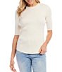 Color:Cream - Image 3 - Solid Ribbed Knit Crew Neck Short Sleeve Fitted Sweater