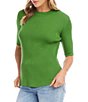 Color:Green - Image 3 - Solid Ribbed Knit Crew Neck Short Sleeve Fitted Sweater