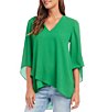 Color:Green - Image 3 - V-Neck 3/4 Sleeve Crossover Hem Silky Crepe Top