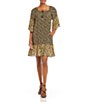 Color:Floral - Image 1 - Woven Floral Print Square Neck 3/4 Bell Sleeve Contrast Ruffle Tiered Hem Pocketed Shift Dress