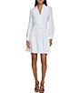 Color:Soft White - Image 1 - Belted Silky Crepe Collared Neck Long Sleeve Drop Waist A-Line Dress