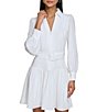 Color:Soft White - Image 3 - Belted Silky Crepe Collared Neck Long Sleeve Drop Waist A-Line Dress
