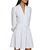 Color:Soft White - Image 4 - Belted Silky Crepe Collared Neck Long Sleeve Drop Waist A-Line Dress