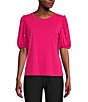 Color:Fuschia - Image 1 - Crew Neck Embellished Short Puff Sleeve Top