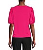 Color:Fuschia - Image 2 - Crew Neck Embellished Short Puff Sleeve Top