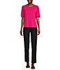 Color:Fuschia - Image 3 - Crew Neck Embellished Short Puff Sleeve Top