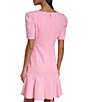 Color:Fuchsia/Soft White - Image 2 - Jacquard Knit Square Neck Short Puff Sleeve Flounce Hem Sheath Dress