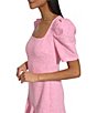 Color:Fuchsia/Soft White - Image 4 - Jacquard Knit Square Neck Short Puff Sleeve Flounce Hem Sheath Dress