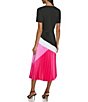 Color:Black/Soft White - Image 2 - Mixed Media Scoop Neck Short Sleeve Pleated Color Block Midi Dress