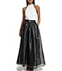 Color:Soft White/Black - Image 1 - Organza Colorblock Halter Neck Sleeveless Embellished Belted Gown