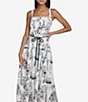 Color:Soft White/Black - Image 4 - Printed Sateen Square Neck Sleeveless Button Front Tie Belt Dress