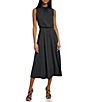 Color:Black - Image 1 - Satin Crepe Mock Neck Sleeveless Blouson Midi Dress