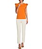 Color:Tangerine - Image 3 - Scalloped Crew Neck Ruffle Cap Sleeve Knit Top