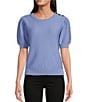 Color:HYDRANGEA - Image 1 - Short Sleeve Button Shoulder Detail Waffle Sweater