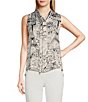 Color:Soft White/Black - Image 1 - Sleeveless Tie Neck Printed Button Front Blouse