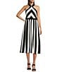 Color:Black/Soft White - Image 1 - Stripe Halter Neck Sleeveless Contrast Trim A-Line Midi Dress