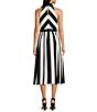 Color:Black/Soft White - Image 2 - Stripe Halter Neck Sleeveless Contrast Trim A-Line Midi Dress