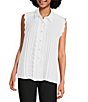Color:Soft White - Image 1 - Woven Point Collar Sleeveless Scalloped Trim Button-Front Pleated Blouse