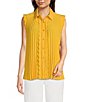 Color:Gold Fusion - Image 1 - Woven Point Collar Sleeveless Scalloped Trim Button-Front Pleated Blouse