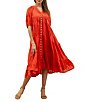 Color:Tomato Red - Image 1 - Floral Embroidered V-Neck Short Sleeve Pocketed A-Line Dress
