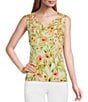Color:Papaya Combo - Image 1 - Petite Size Floral Print Sleeveless Pleated Shoulder V-Neck Top