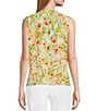 Color:Papaya Combo - Image 2 - Petite Size Floral Print Sleeveless Pleated Shoulder V-Neck Top